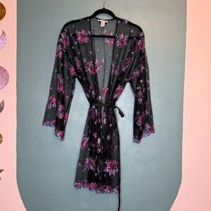 NWOT VICTORIA'S SECRET Black Floral Embroidery Sheer Robe Size XS/S